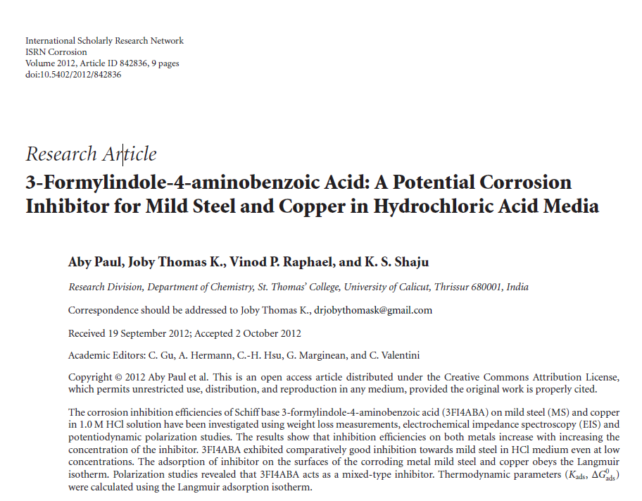 3-Formylindole-4-aminobenzoic Acid: A Potential Corrosion Inhibitor for Mild Steel and Copper