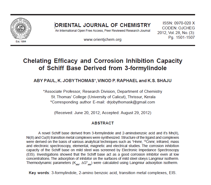 Chelating Efficacy and Corrosion Inhibition Capacity of Schiff Base Derived from 3-formylindole