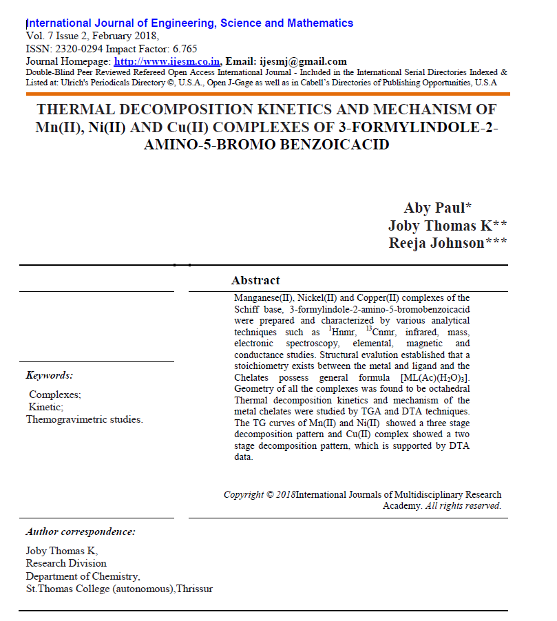 Thermal decomposition kinetics and mechanism of Mn(II), Ni(II) and Cu(II) complexes of 3-formylindol